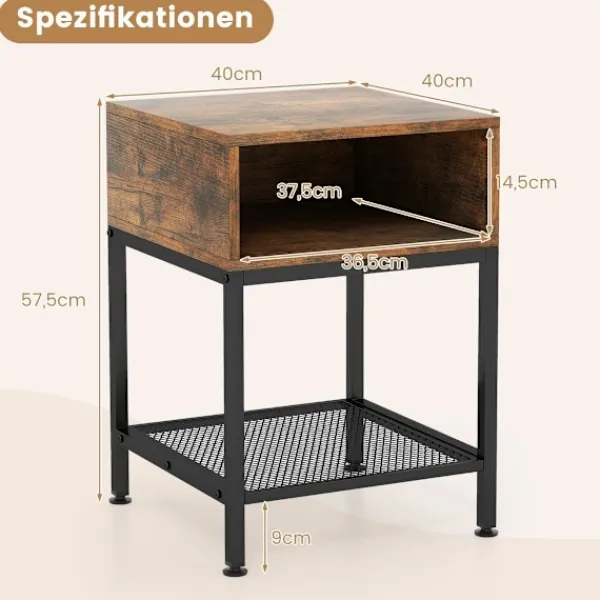 Northix Småbord>Sidobord med förvaringsfack och gallerhylla sängbord med metallram 40 x 40 x 57,5 cm