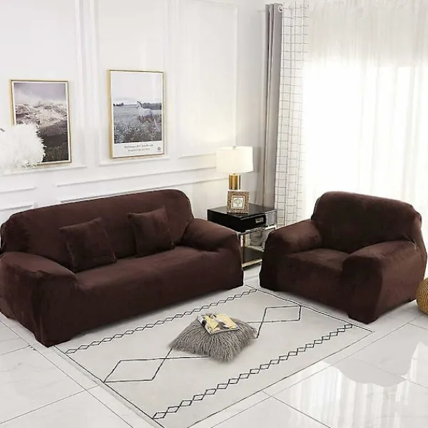 Soffor>2-sits soffaöverdrag enfärgad sammet skyddande överdrag enkel passform stretch tyg maskintvättbar sofföverdrag, 2-sits: 145-185 cm, brun