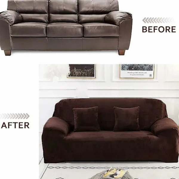 Soffor>2-sits soffaöverdrag enfärgad sammet skyddande överdrag enkel passform stretch tyg maskintvättbar sofföverdrag, 2-sits: 145-185 cm, brun
