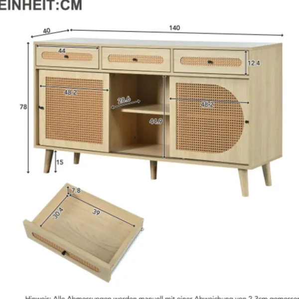 Sideboards>Skänk 140 cm tillverkad av trä med dörrar i PE-rotting, 3 skjutdörrar & 3 lådor, med justerbara hyllor