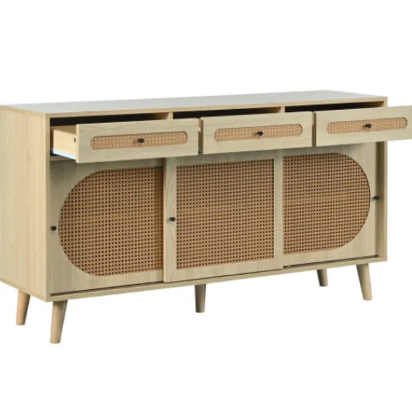 Sideboards>Skänk 140 cm tillverkad av trä med dörrar i PE-rotting, 3 skjutdörrar & 3 lådor, med justerbara hyllor