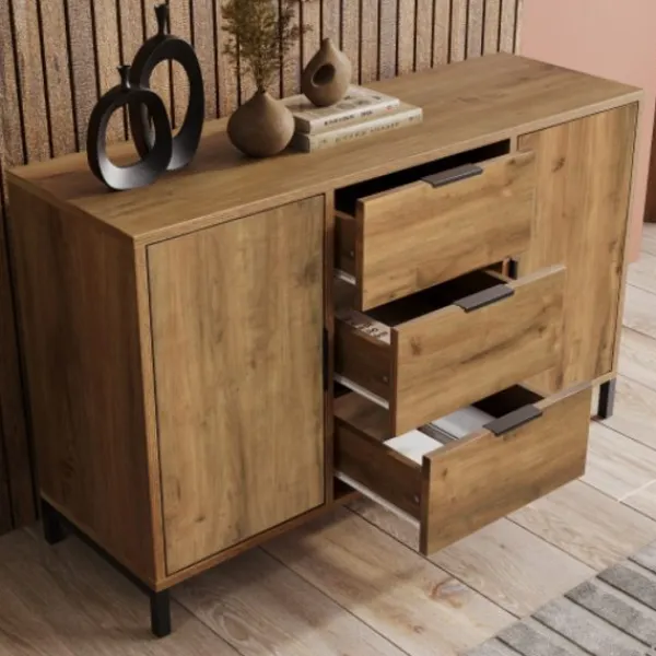 Sideboards>Skänk med 2 dörrar och 3 lådor, 120 x 40 x 76 cm i mörk ek, justerbar hylla, skänk highboard för sovrum och alla vardagsrum
