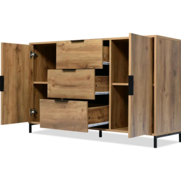 Sideboards>Skänk med 2 dörrar och 3 lådor, 120 x 40 x 76 cm i mörk ek, justerbar hylla, skänk highboard för sovrum och alla vardagsrum