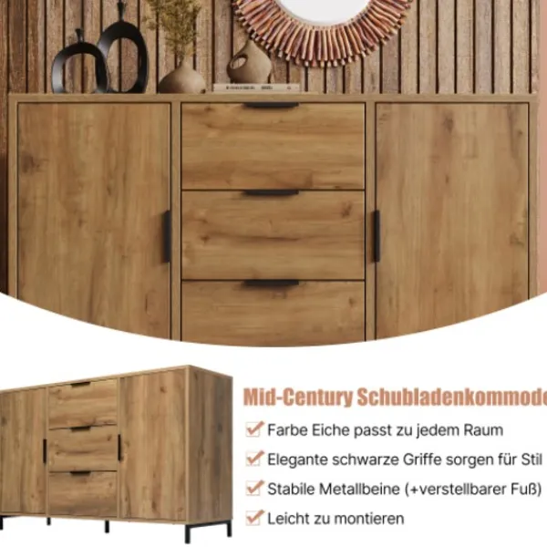 Sideboards>Skänk med 2 dörrar och 3 lådor, 120 x 40 x 76 cm i mörk ek, justerbar hylla, skänk highboard för sovrum och alla vardagsrum
