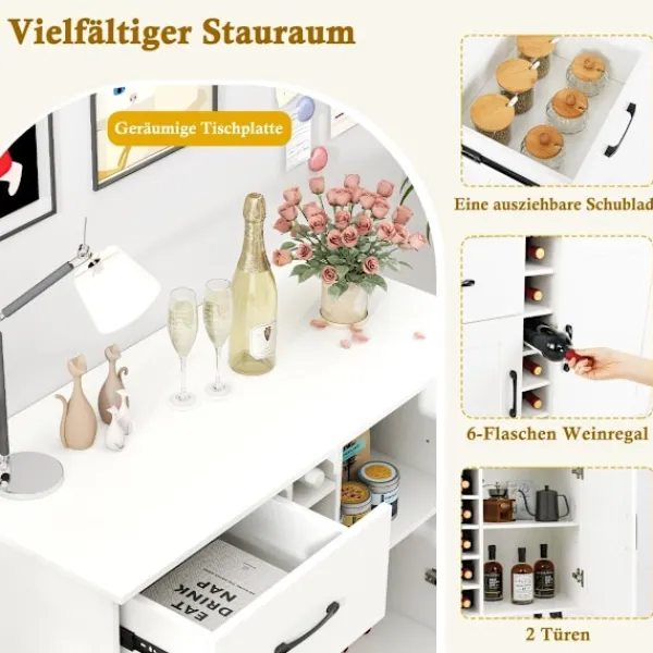 Northio Sideboards>Skänk med 6 flaskor vinställ & låda & 2 dörrar Modernt vinbarsskåp Vit