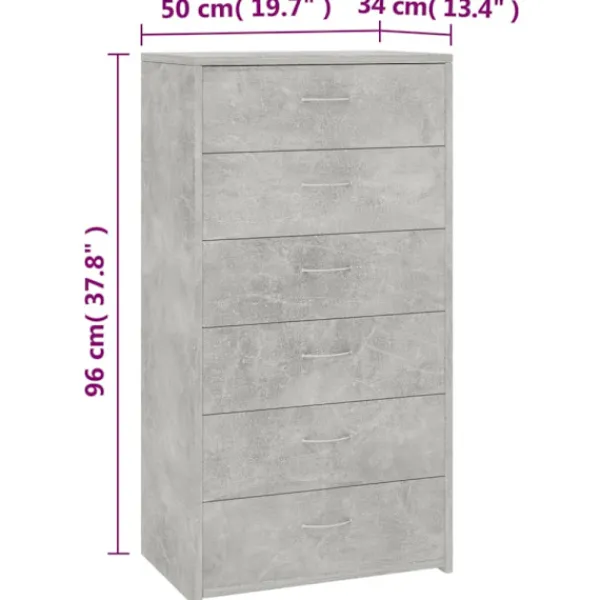 vidaXL Byråer>Skänk med 6 lådor betonggrå 50x34x96 cm konstruerat trä