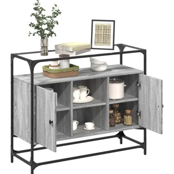 vidaXL Sideboards>Skänk med glasskiva grå sonoma 98x35x81 cm konstruerat trä