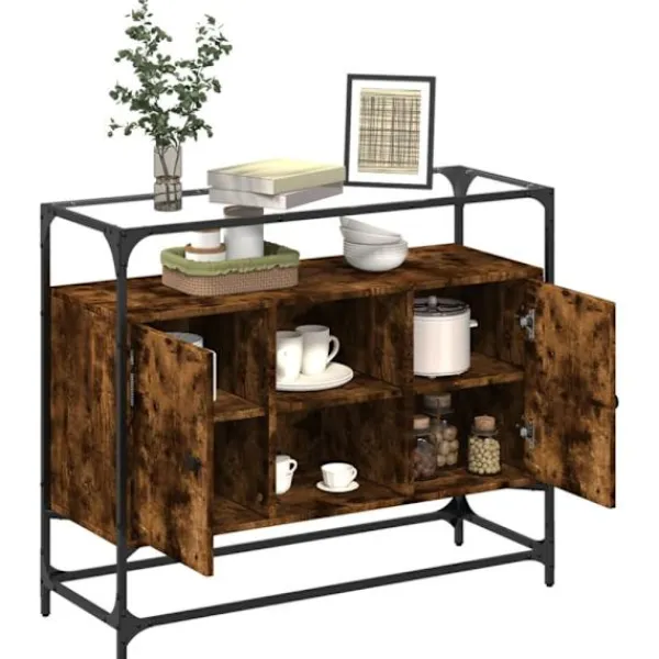 vidaXL Sideboards>Skänk med glasskiva rökfärgad ek 98x35x81 cm konstruerat trä