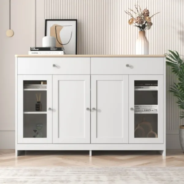 Sideboards>Skänk med vit trästruktur, fyra dörrar, två lådor, dörr med glas. Vardagsrum, matsal. Träfärg och vit