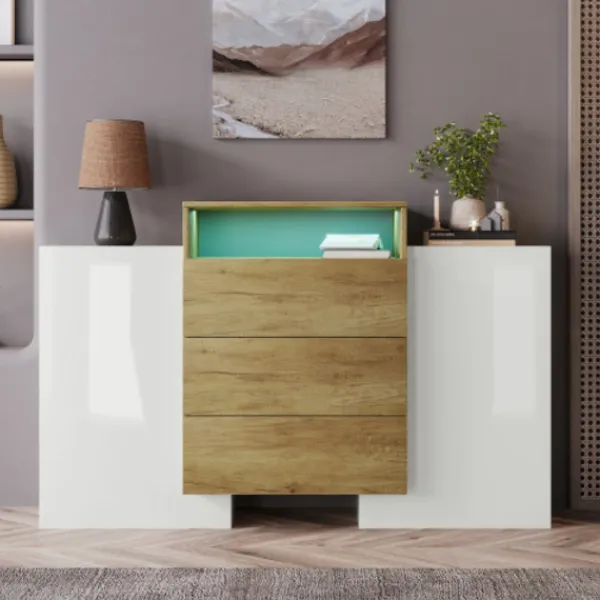 Sideboards>Skänk, modern byrå, garderob 140 cm, högblank vit och träfärg, flerfärgade LED-ljuseffekter