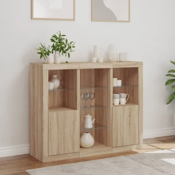 vidaXL Sideboards>Skänkar med LED-belysning 3 st sonoma-ek konstruerat trä