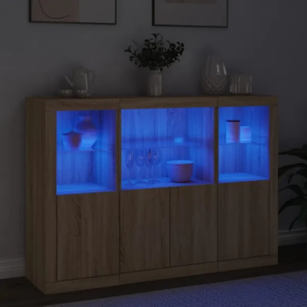 vidaXL Sideboards>Skänkar med LED-belysning 3 st sonoma-ek konstruerat trä