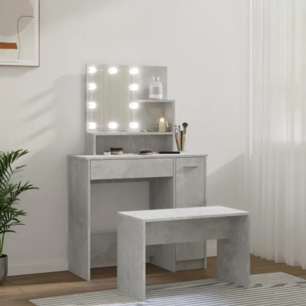 vidaXL Sminkbord>Sminkbord LED betonggrå konstruerat trä