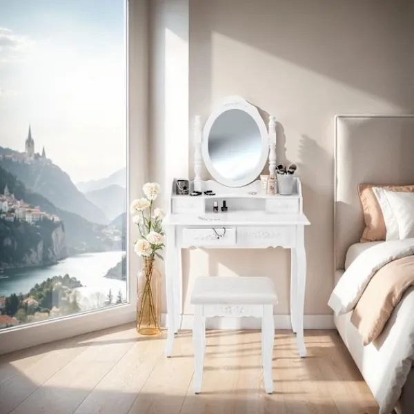Sminkbord>Sminkbord med 7 byrålådor, med sminkspegel och pall