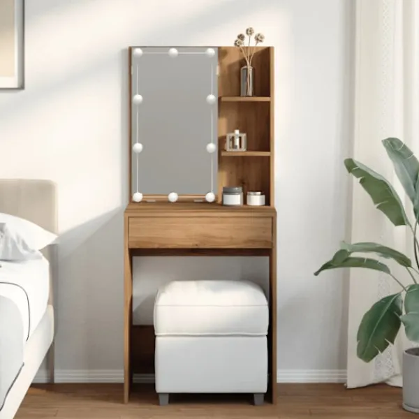 vidaXL Sminkbord>Sminkbord med LED artisan ek 60x40x140 cm