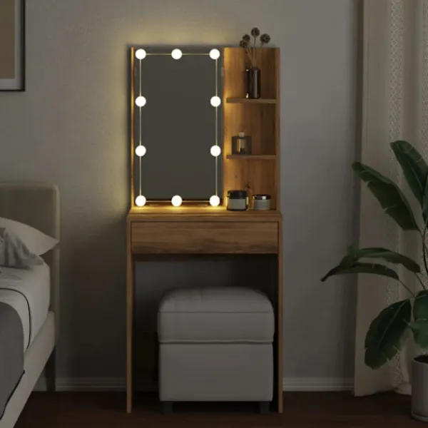 vidaXL Sminkbord>Sminkbord med LED artisan ek 60x40x140 cm