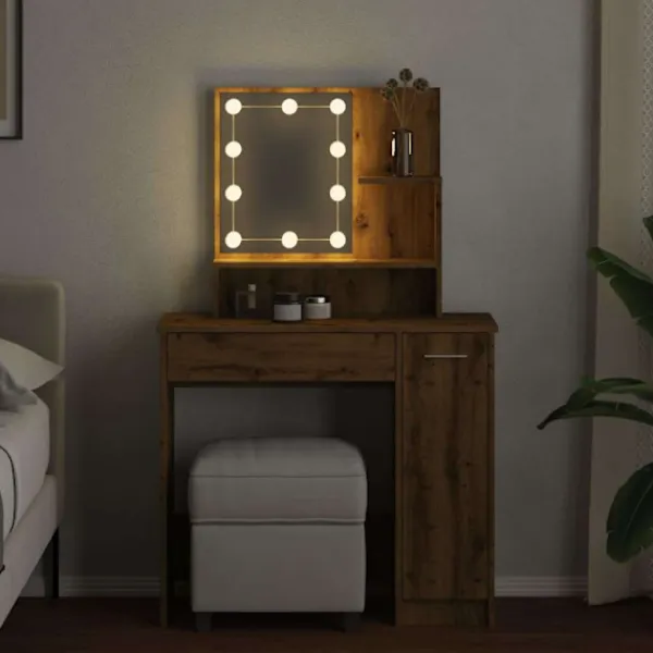 vidaXL Sminkbord>Sminkbord med LED artisan ek 86,5x35x136 cm
