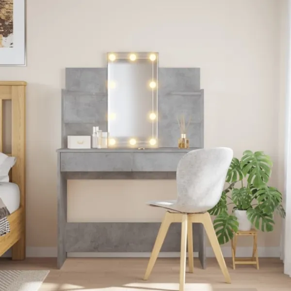 vidaXL Sminkbord>Sminkbord med LED betonggrå 96x40x142 cm