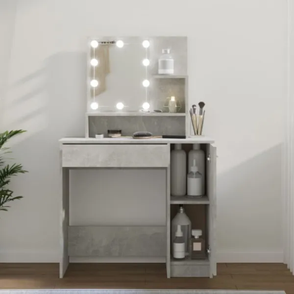 vidaXL Sminkbord>Sminkbord med LED betonggrå 86,5x35x136 cm