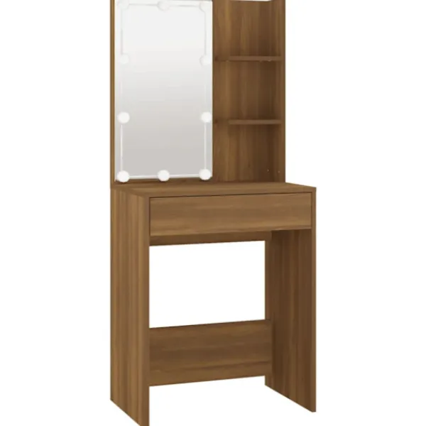 vidaXL Sminkbord>Sminkbord med LED brun ek 60x40x140 cm