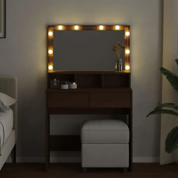 vidaXL Sminkbord>Sminkbord med LED brun ek 80x41x134,5 cm