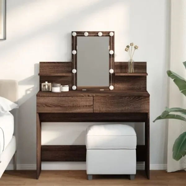 vidaXL Sminkbord>Sminkbord med LED brun ek 100x40x130 cm