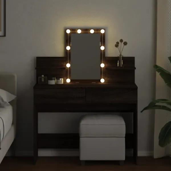vidaXL Sminkbord>Sminkbord med LED brun ek 100x40x130 cm