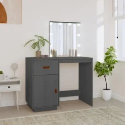 vidaXL Sminkbord>Sminkbord med LED grå 95x50x133,5 cm massiv furu