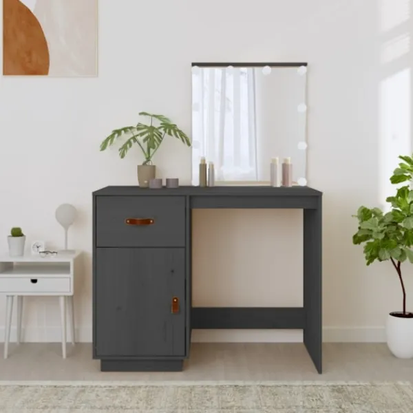 vidaXL Sminkbord>Sminkbord med LED grå 95x50x133,5 cm massiv furu