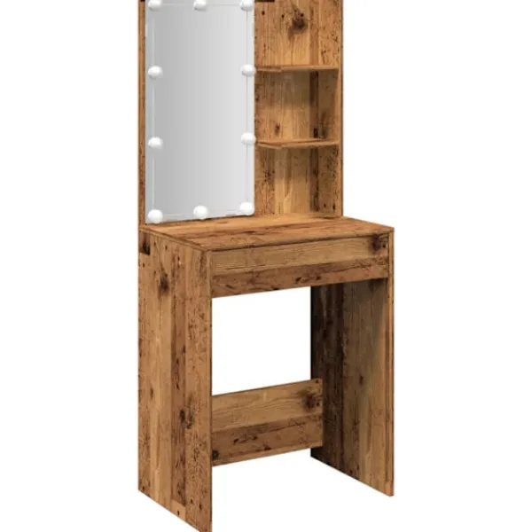 vidaXL Sminkbord>Sminkbord med LED åldrat trä 60x40x140 cm