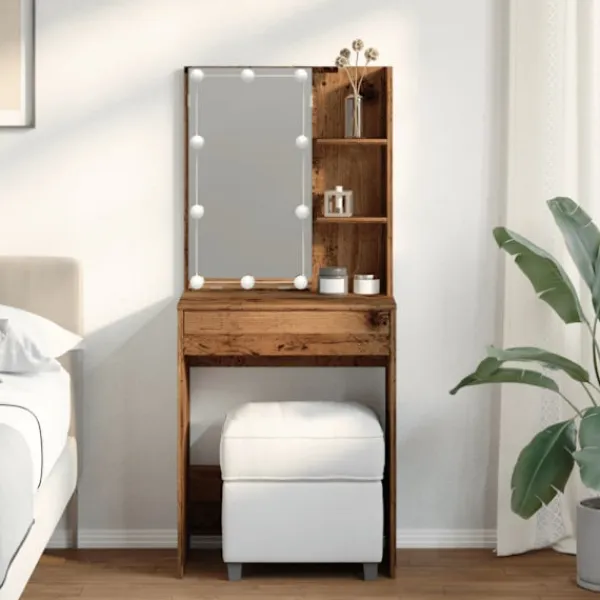 vidaXL Sminkbord>Sminkbord med LED åldrat trä 60x40x140 cm
