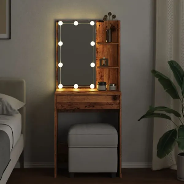 vidaXL Sminkbord>Sminkbord med LED åldrat trä 60x40x140 cm