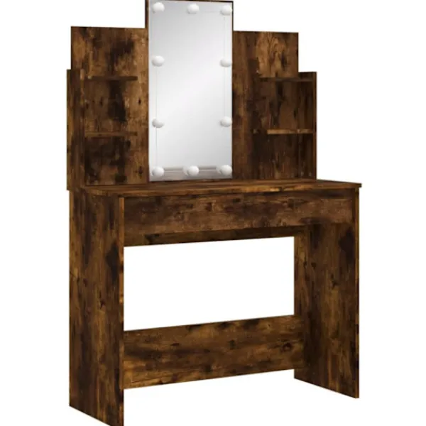 vidaXL Sminkbord>Sminkbord med LED rökfärgad ek 96x40x142 cm