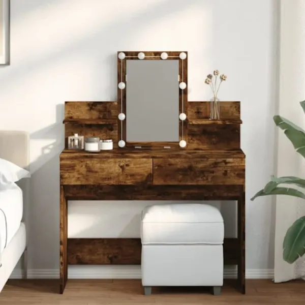 vidaXL Sminkbord>Sminkbord med LED rökfärgad ek 100x40x130 cm