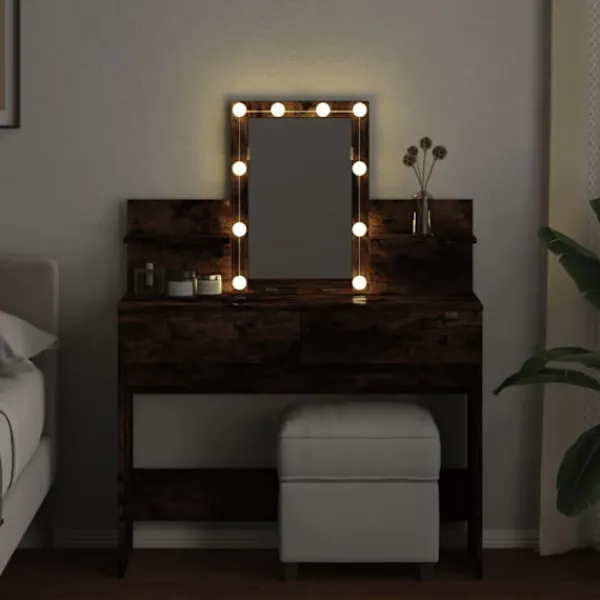 vidaXL Sminkbord>Sminkbord med LED rökfärgad ek 100x40x130 cm