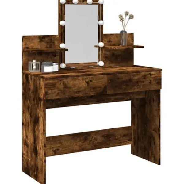 vidaXL Sminkbord>Sminkbord med LED rökfärgad ek 100x40x130 cm