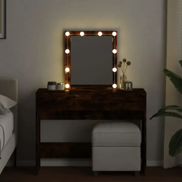 vidaXL Sminkbord>Sminkbord med LED rökfärgad ek 100x40x130 cm