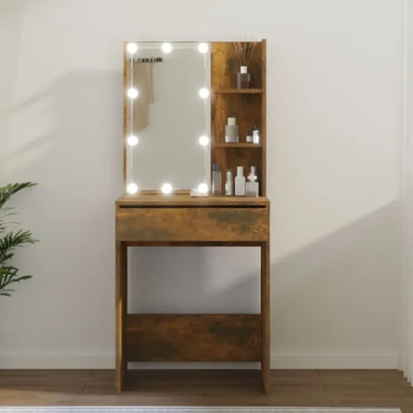 vidaXL Sminkbord>Sminkbord med LED rökfärgad ek 60x40x140 cm
