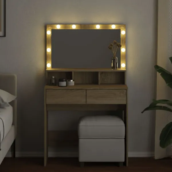 vidaXL Sminkbord>Sminkbord med LED sonoma-ek 80x41x134,5 cm