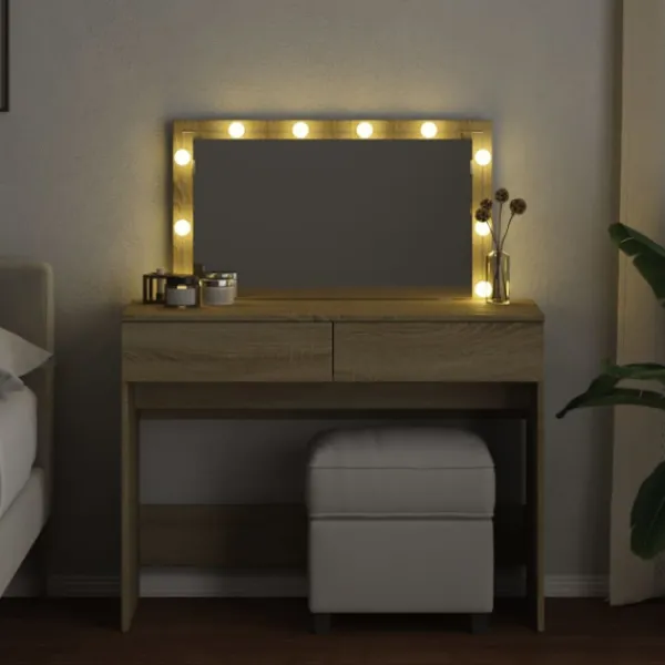 vidaXL Sminkbord>Sminkbord med LED sonoma-ek 100x40x120 cm