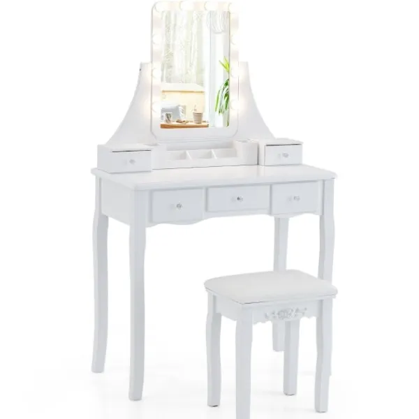 Northix Sminkbord>Sminkbord med LED-belysning & 5 lådor & pall sminkbord sminkbord vitt