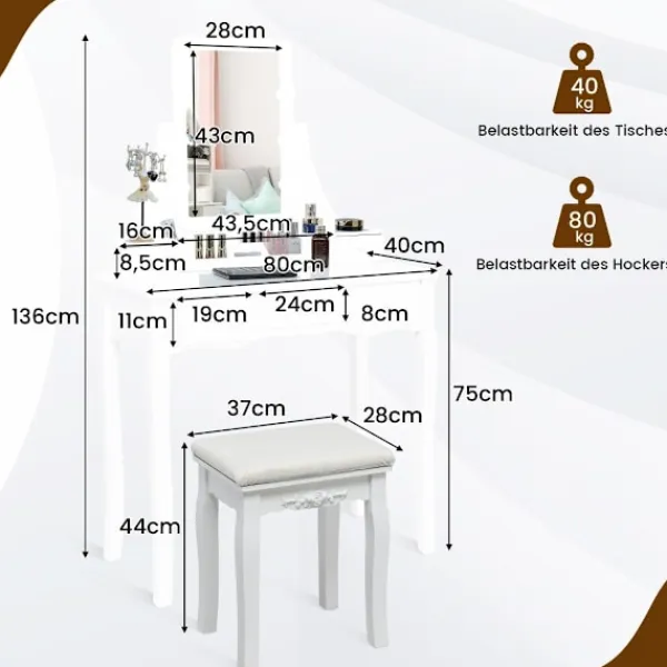 Northix Sminkbord>Sminkbord med LED-belysning & 5 lådor & pall sminkbord sminkbord vitt