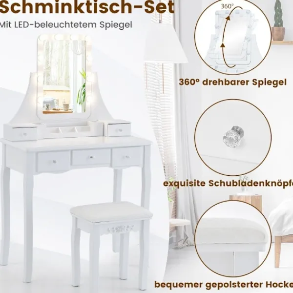 Northix Sminkbord>Sminkbord med LED-belysning & 5 lådor & pall sminkbord sminkbord vitt