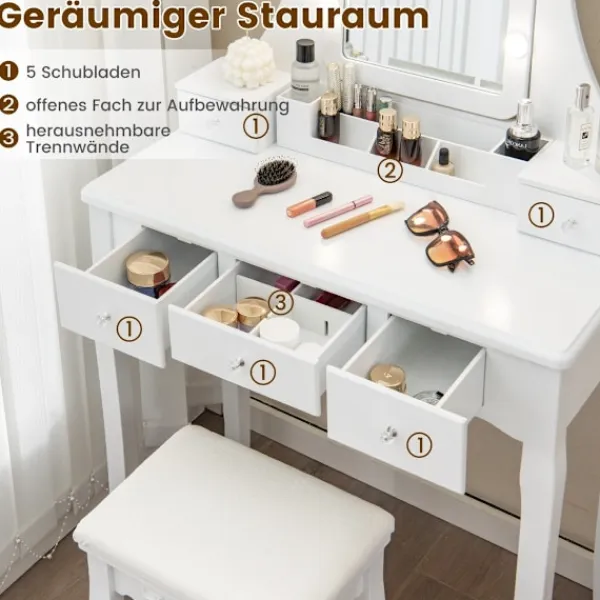 Northix Sminkbord>Sminkbord med LED-belysning & 5 lådor & pall sminkbord sminkbord vitt