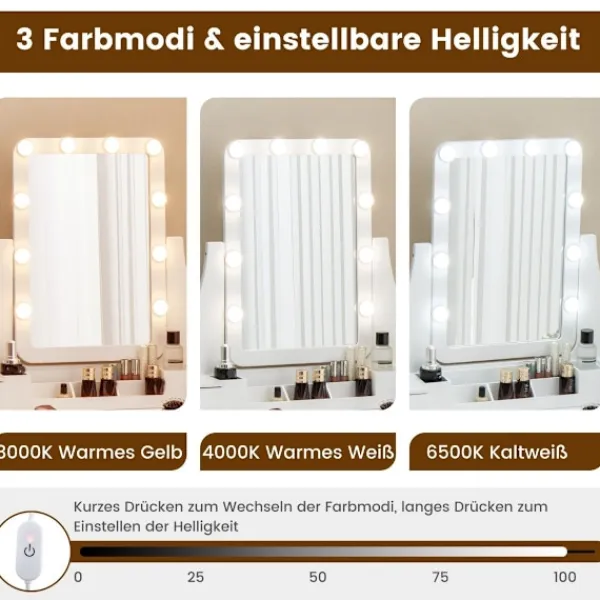 Northix Sminkbord>Sminkbord med LED-belysning & 5 lådor & pall sminkbord sminkbord vitt