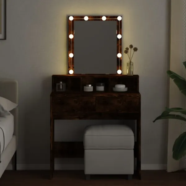 vidaXL Sminkbord>Sminkbord med LEDs rökfärgad ek 80x41x144,5 cm