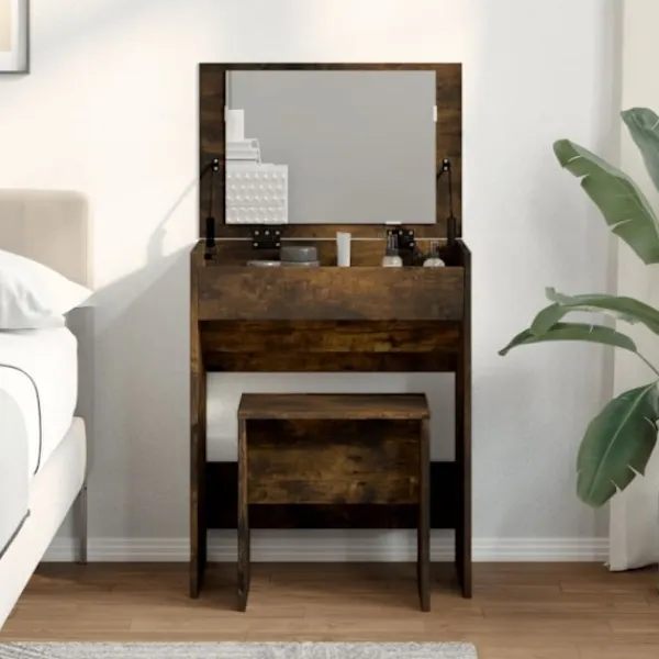 vidaXL Sminkbord>Sminkbord med pall rökfärgad ek 60x40x113,5 cm