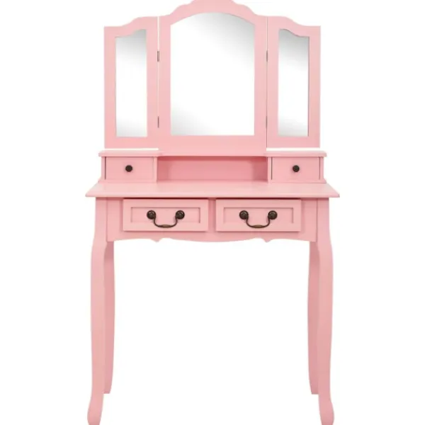 vidaXL Sminkbord>Sminkbord med pall rosa 80x69x141 cm paulowniaträ