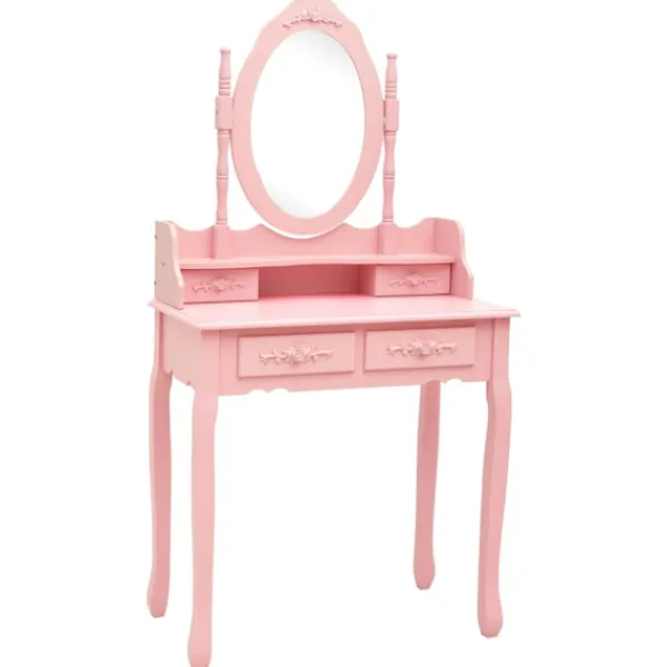 vidaXL Sminkbord>Sminkbord med pall rosa 75x69x140 cm paulowniaträ