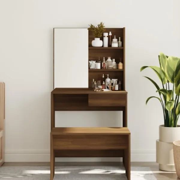 vidaXL Sminkbord>Sminkbord med spegel brun ek 74,5x40x141 cm
